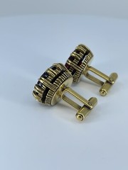 Red Glass cufflinks Faceted round prong set open gold tone 1-1/8″