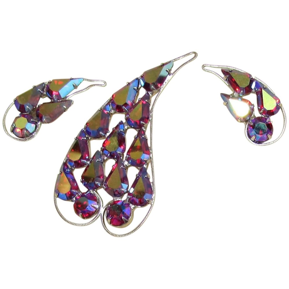 Vintage Pink Iridescent Rhinestone Brooch with Matching Earrings by B. David