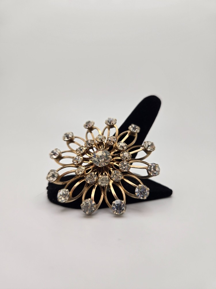Large Gold Tone Starburst Rhinestone Brooch Clear Crystal Statement Pin Unsigned