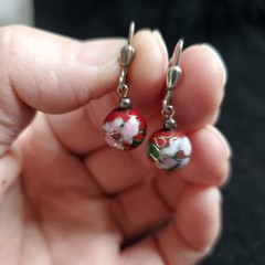 Vintage Cloisonne Earrings Dangle Floral Sterling Silver Red Pink 10mm Bead