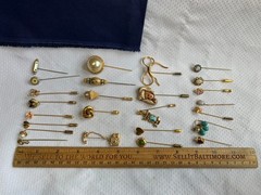 Vtg – Antique Stick Pin Lot Enamel Rhinestone Cloisonne Locket Costume Jewelry