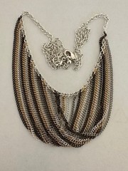 Vintage SAQ Signed Multi-Color Multi-Strand Fringe Bib Chain Necklace 17-20″.