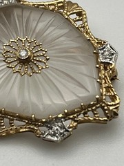 14K Solid Gold Art Deco Camphor Glass Diamond Filigree Pendant Brooch Pin 1.5″