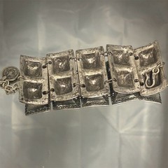 Vintage Brutalist Wide Panel Bracelet Silver Tone Pyramid Design Coin Charm 7.5