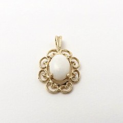 14k Gold White Opal Charm Pendant Scalloped Edge Flower October Birthstone