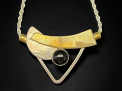 Signed Modernist Mixed Metal 925 Geometric Necklace Onyx Cabochon Pendant 21.1g