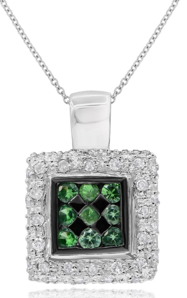 .59CT DIAMOND & AAA GREEN GARNET 14KT WHITE GOLD 3D CLUSTER DOUBLE HALO PENDANT