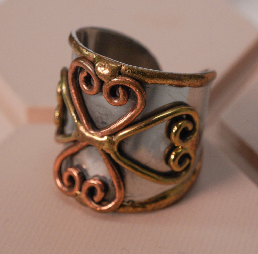 Brutalist Mixed Metal Ring Size 7 — Christian Copper and Brass Scrollwork Cross