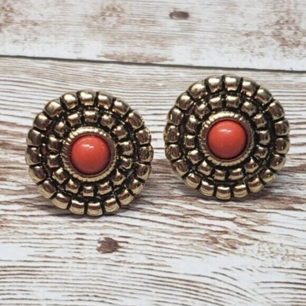 Vintage Screw On Earrings – Gold Tone Red Center Round Circle 0.75″