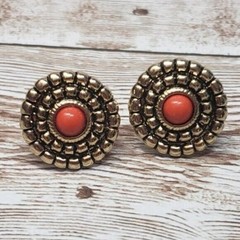 Vintage Screw On Earrings – Gold Tone Red Center Round Circle 0.75″