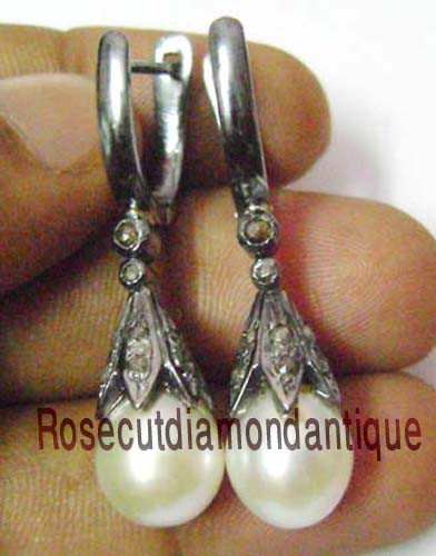 NEW ARTDECO VINTAGE 0.68ct ANTIQUE ROSE CUT DIAMOND SILVER PEARL DANGLE EARRINGS