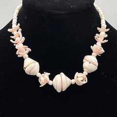 Vintage Pink Shell Necklace Choker Carved Spindle Shells Boho Beach Ethnic 14″