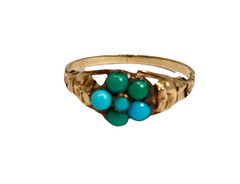 LOVELY SMALLER ANTIQUE GEORGIAN ENGLISH 18K GOLD PEARL TURQUOISE RUBY RING c1820
