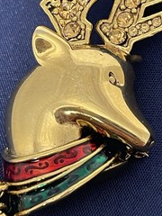 Festive Gold Tone Reindeer Brooch Crystal Encrusted Antlers