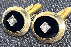 Vintage 1/20 12K GF Onyx & Diamond Cufflinks Tie Bar Set Pitman Keeler MCM