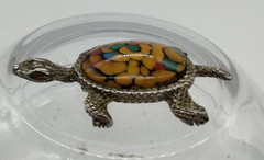 Vintage Japan Glass Cabochon & Brass Large Turtle Brooch with Rhinestone Eyes