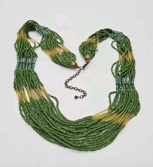 Green Yellow Beaded long Necklace Gold tone Layered 18 Row Scalloped Vtg 32 in