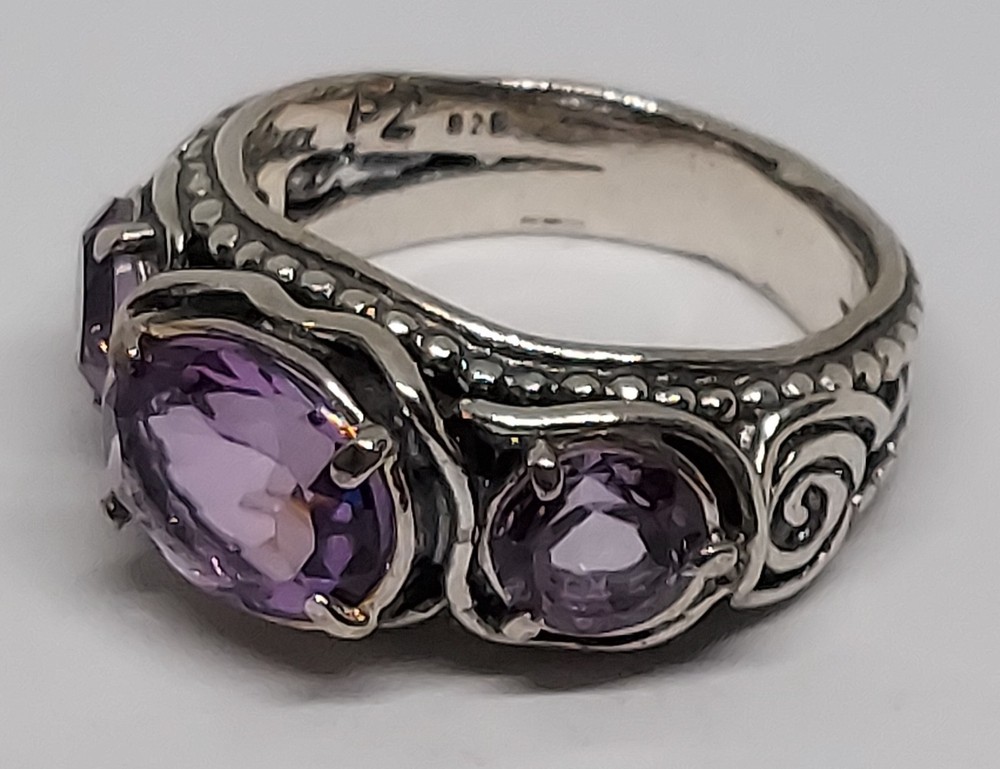 vintage Sterling Silver 3 purple Amethyst Ring OR PAZ signed PZ Israel size 8