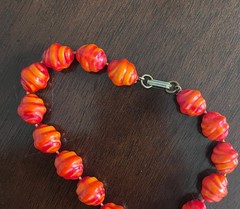 Vintage Orange Coral Red Resin Textured Beaded Extra Long 48” Knotted Necklace