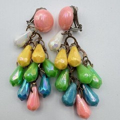 Vintage Earrings Chandelier Dangle Drop Iridescent Beads Clip On Pastels Pink