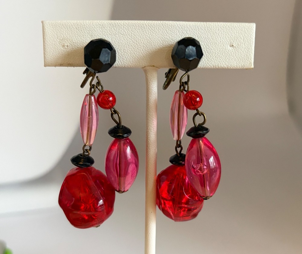 Vintage GERMANY Bright Red Pink Lucite Beaded Dangle Clip Earrings Retro