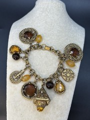 Vintage Mid Century Amber Topaz Rhinestone Charm Bracelet Etruscan Revival