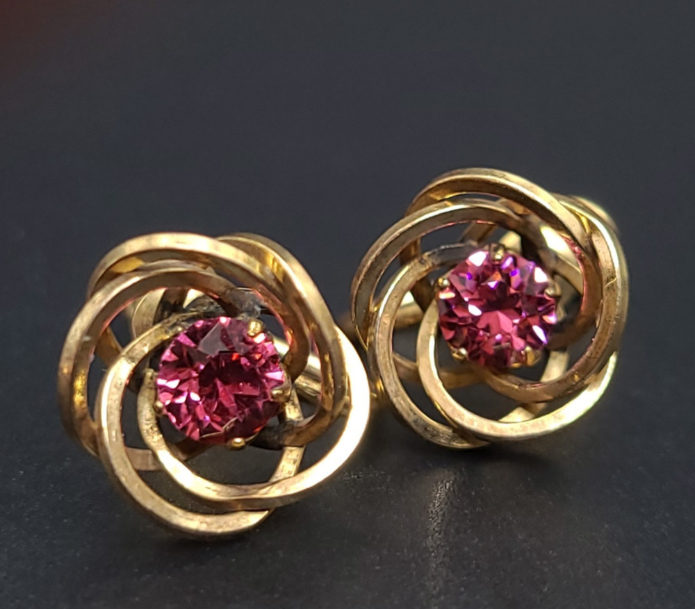 Vintage 12k Gold Filled H.G. Pink Rhinestone Screw Back Earrings Mid Century