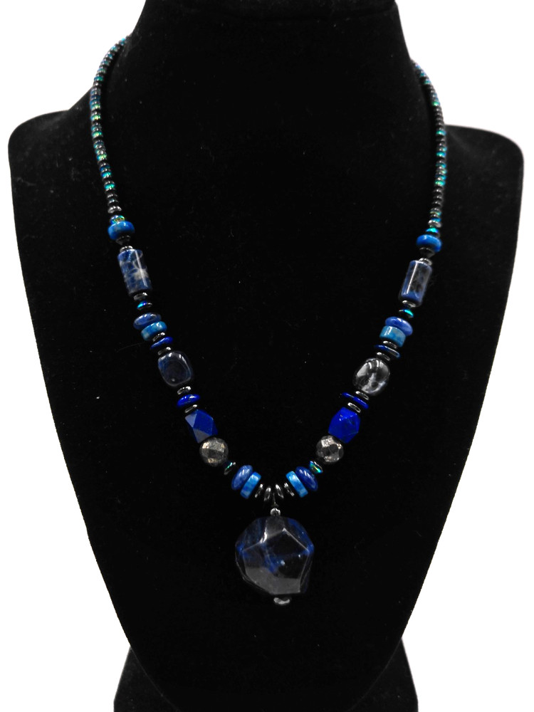 Peyote Bird Blue & Silver Necklace with Pendant about 17 inches + 2-inch pendant