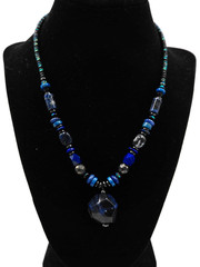 Peyote Bird Blue & Silver Necklace with Pendant about 17 inches + 2-inch pendant