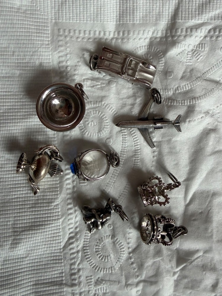 Vintage Sterling Silver Charm Airplane, lamp, crown, ring, car, prospector, bowl