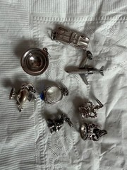 Vintage Sterling Silver Charm Airplane, lamp, crown, ring, car, prospector, bowl