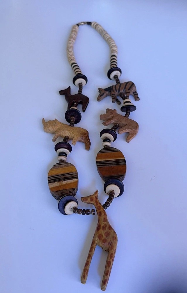 Vintage African Large Hand Carved Wooden Safari Animal Beads 30” Necklace