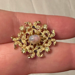 Vintage Faux Fire Opal & Rhinestone Pearl Diamond Brooch Gold Tone Beautiful