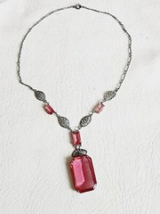 Antique ART DECO Silver Tone PINK CZECH Glass Filigree Necklace