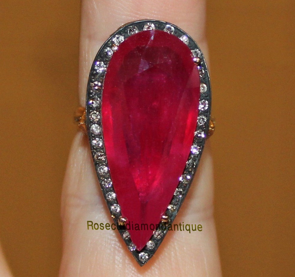 INSPIRED 925% SILVER ANTIQUE 0.68ct ROSE CUT DIAMOND VICTORIAN RUBY WEDDING RING