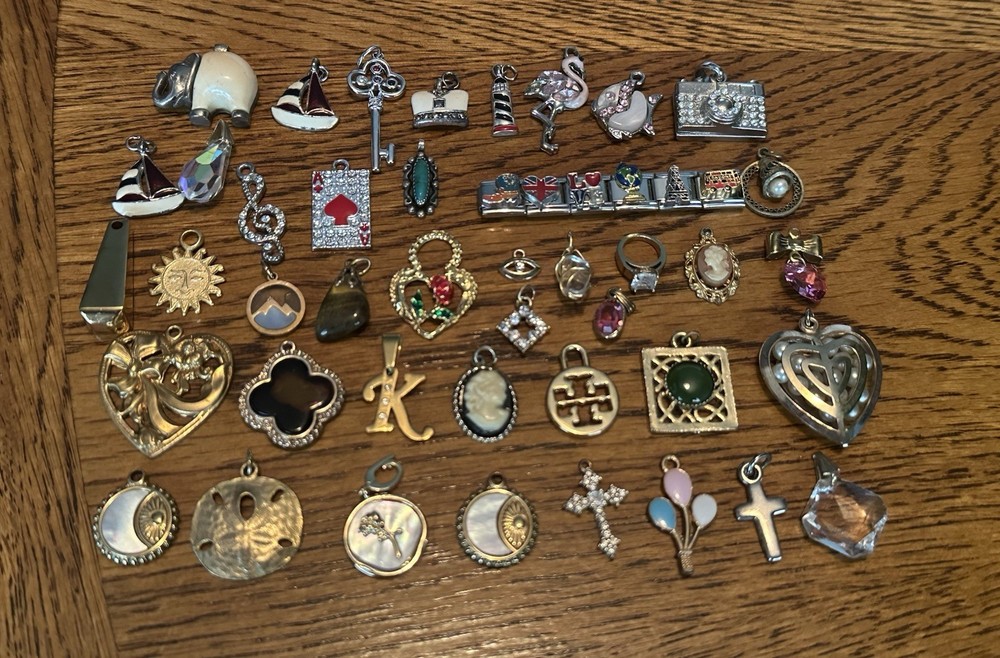 Vintage To Modern 40 Charms Lot Enamel Rhinestones Cameos Hearts Ace Flamingo
