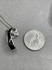 Vintage JH Sterling Silver Onyx Inlay & Cubic Zirconia Pendant Necklace 26″