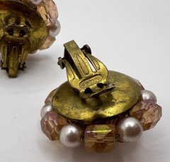 Vintage JAPAN Faux Pearl & Peach Aurora Borealis Beaded Cluster Clip On Earrings