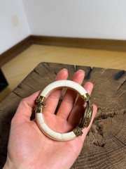 Antique Brass Buffalo Bone Cuff Bracelet Green Malachite Accent