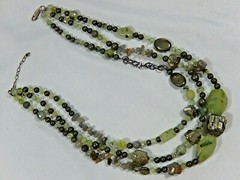 MASSIVE VTG STERLING SILVER RARE 3 STRAND NATURAL PREHNITE AND PYRITE NECKLACE
