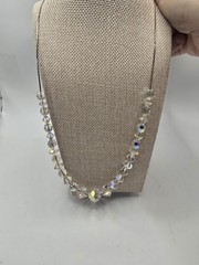 Long VTG clear round faceted aurora borealis beads on silver tone chain 30 in.