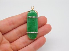 CHINESE EXPORT 14K YELLOW GOLD GREEN JADE DIAMOND STONE PENDANT