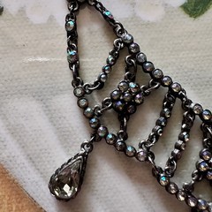 Vintage TARA Aurora Borealis Crystal Festoon Necklace Smoky Drops Gunmetal Chain