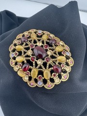 VTG Monet Signed Tigereye Ruby Topaz Gold Crystals Oval Broach Pin Filagree