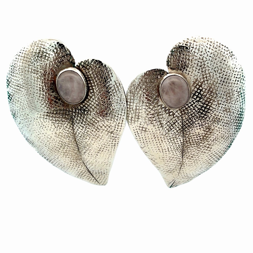 Vintage Modernist 925 Sterling Silver Moonstone Textured Mesh Ivy Leaf Earrings