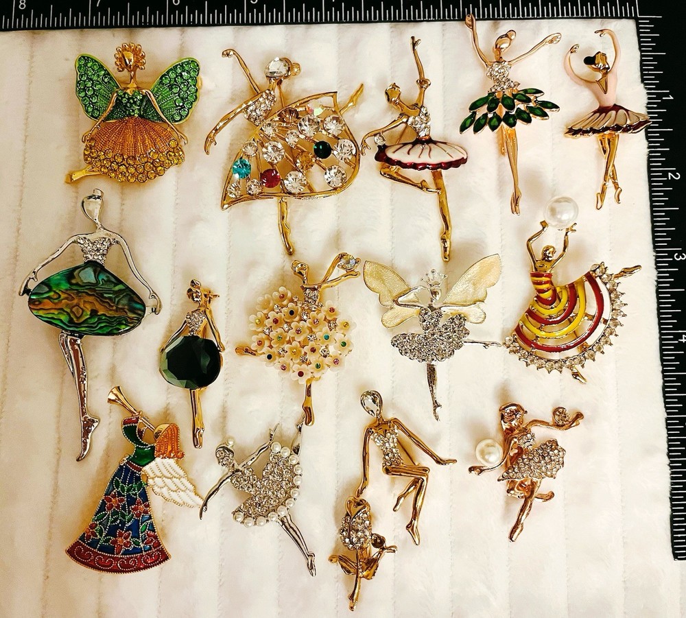 Ballerina Fairy Angel Brooch Lot 15pc Rhinestone Abalone Enamel Jewelry