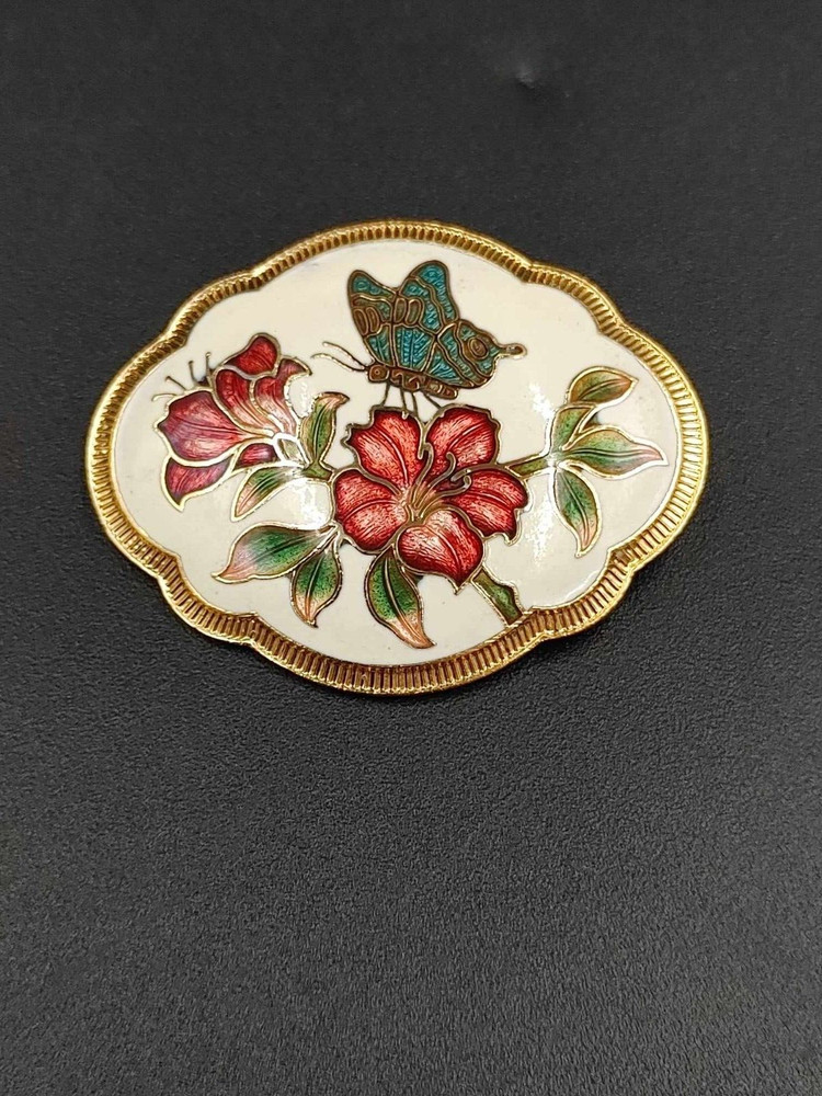 Vintage Oval Cloisonne Enamel Flowers and Butterfly Brooch Pin White Gold Tone
