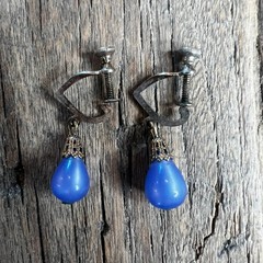 Vintage Blue Glass Teardrop Dangle Screw Back Earrings Art Deco Style