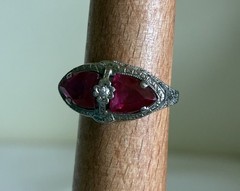 Antique Art Deco 14K ADR White Gold Synthetic Ruby Filigree Marquise Ring Sz 6.5
