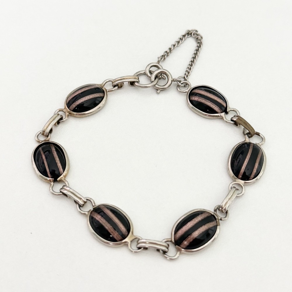Vintage Black Cabochon Gold Specks Glass Silver Tone Chain Link Bracelet 7″